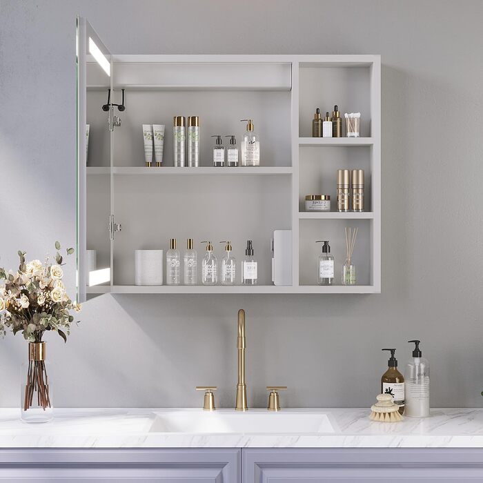 Дзеркальна шафка для ванної кімнати AQUABATOS з розеткою, підсвічуванням LED, 50x70 см. Шафка для ванної кімнати з дзеркалом, інфрачервоний сенсор, регулювання яскравості, протизапітніння, холодний білий колір світла (Тип 07L)