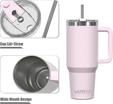 Термокружка WATERSY 40oz з нержавіючої сталі, 591 мл, з подвійними стінками, з ручкою та трубочкою, для гарячих та холодних напоїв (колір: рожевий)