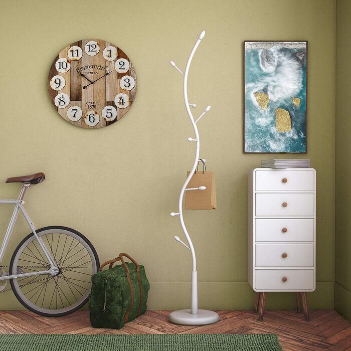 Versa Swindon Minimalist Coat Rack for Entryway, with 9 Hooks for Clothes or Bags, Dimensions (H x W x D) 185 x 32 x 32 cm, Metal, Color: White