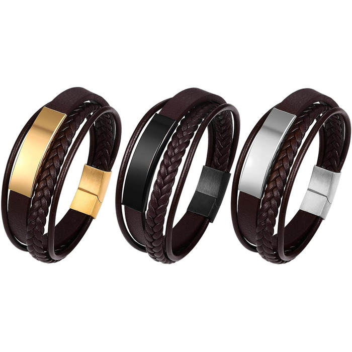 Чоловічий шкіряний браслет JewelryWe, ручної роботи, плетіння з кількох рядів, сталевий магнітний замок, регульований, для чоловіків та жінок (колір: коричневий, 3 шт.)