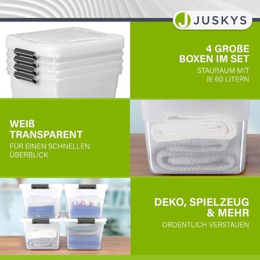 JUSKYS Storage Box with Lid - Set of 4 Plastic Boxes 45L - Large Box, Stackable, Transparent - Storage Organization System Storage Boxes (Set of 4 - 60 Liters)