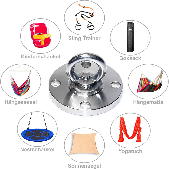 Premium stainless steel bracket up to 250 kg for hanging chair, hammock, boxing bag, sling trainer, yoga cloth, sun sail, nest swing, hammock seat swing: without accessories