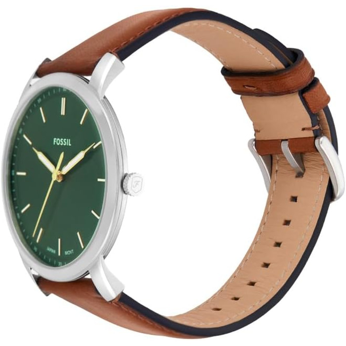 Годинник Fossil для чоловіків The Minimalist 3H, кварцовий механізм, 44 мм, срібна сталева коробка та шкіряний ремінь, FS5439 (Olivgrün)