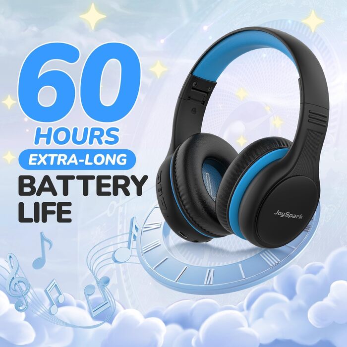 Дитячі Bluetooth навушники JoySpark з мікрофоном, 60 годин роботи, Bluetooth 5.4, Type-C, обмежувач гучності 85/94dB, складні, чорно-синій колір