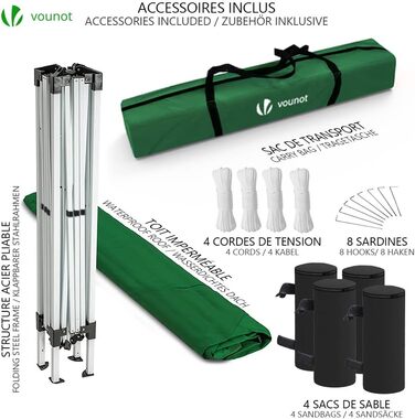 VOUNOT® Folding Pavilion 3x3m, with 4 Sandbags, Pop-Up Folding Pavilion, UV Protection 50+, (Green)