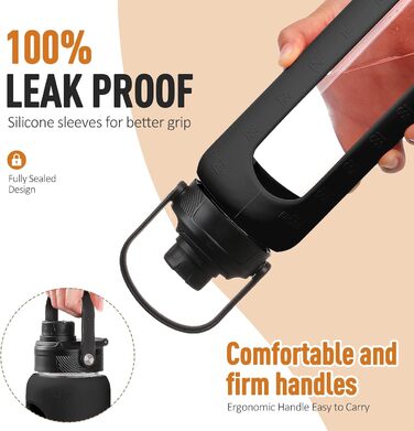 BLUEGO Glass Water Bottle 900ml Sport Water Bottle with 2 Lids and Straw Leak-Proof Glass Bottle with Time Marker and Measuring Scale BPA Free, Black