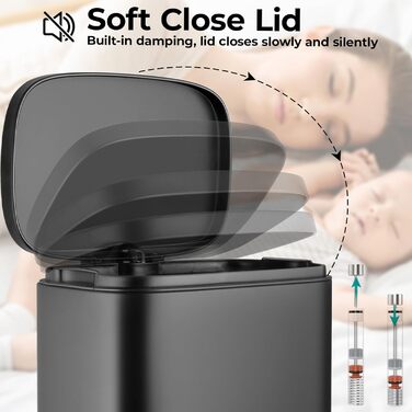 Відро для сміття LIFERUN 30л з кришкою, з м'яким закриттям, сталеве, з внутрішнім відром, для кухні, ванної кімнати, офісу, чорне