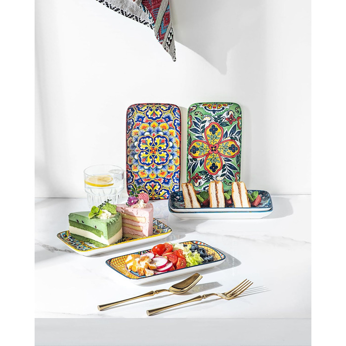 Сервіровочні тарілки HENXFEN з порцеляни, 25.4 см, набір прямокутних тарілок, 25.4 x 17.8 см, для салату, закусок, сашімі, богемний квітковий дизайн у 6 яскравих кольорах (прямокутна тарілка 20.3 см)