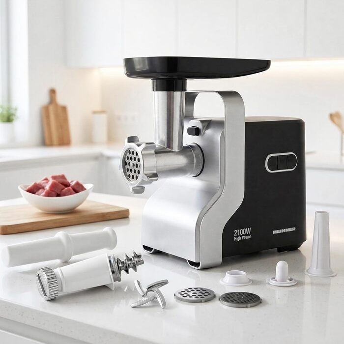 М'ясорубка електрична MG-2100BKSL 2100 Вт, нержавіюча сталь, чорно-срібна - 1.8 кг/хв, насадки для ковбас та томатів, реверс