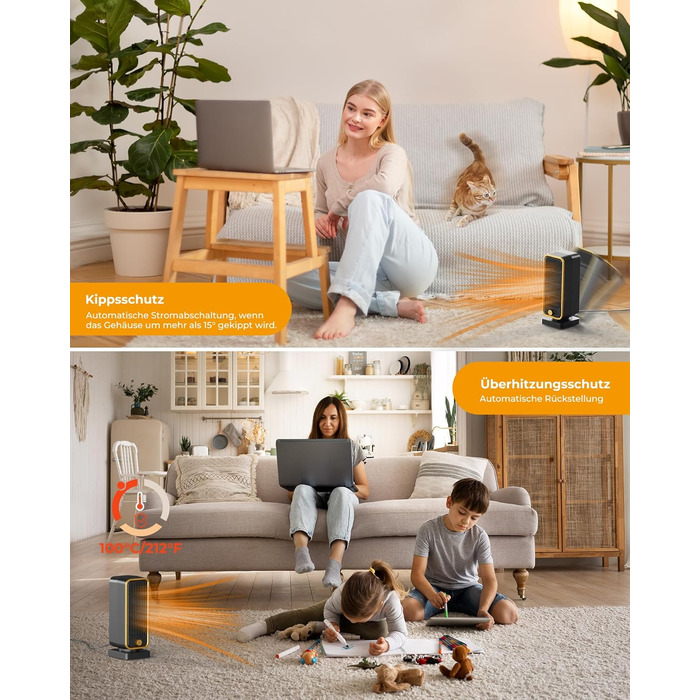 Електричний обігрівач 2000W з енергозбереженням, тихий, 3 режими, PTC кераміка, швидкий нагрів, ECO режим, пульт, таймер 12H, поворот 70°, для офісу, спальні, ванної кімнати (чорний)