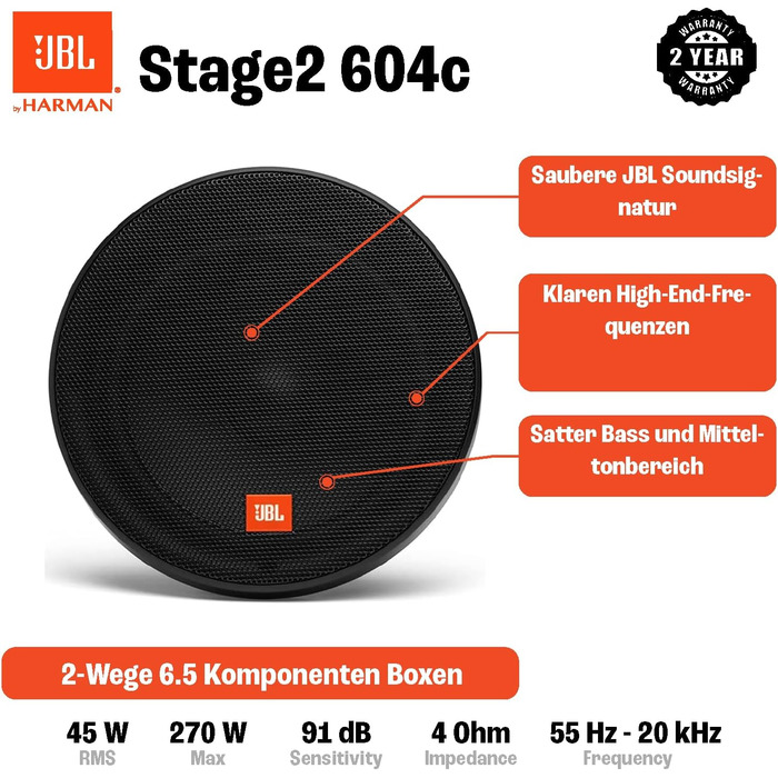JBL Stage2 604C автомобільна аудіосистема 270 Вт, компонентна акустика 16 см з твітерами, динаміки для авто