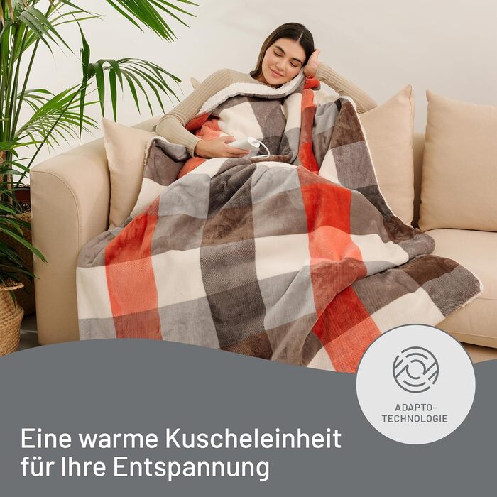 Електрична ковдра Imetec Adapto Tartan Festival, 160x120 см, тепла та затишна, з технологією Adapto, 6 температур, безпечна, швидкий нагрів, для дому, миюча, оранжево-сіра