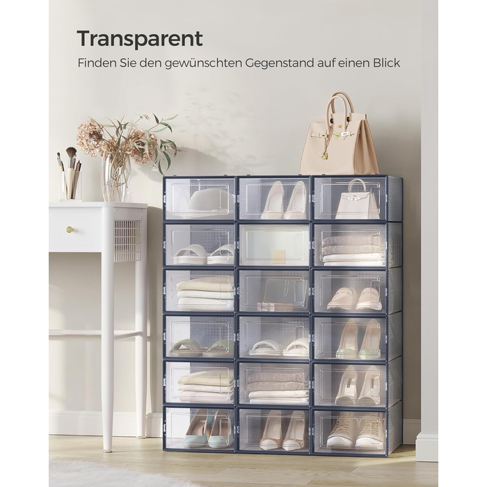 SONGMICS Shoe Boxes, 18-Piece Set, Plastic Shoe Organizer, Foldable and Stackable, for Shoes up to Size 44, Transparent-White LSP18SWT (Transparent + Anthracite Blue, 18-Piece Set for Shoes up to Size 44)