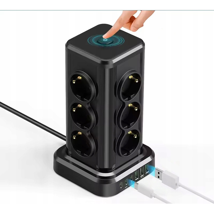 Мережевий фільтр Perys: 12 розеток, 3x USB-A, 3x USB-C, 2 м, чорний