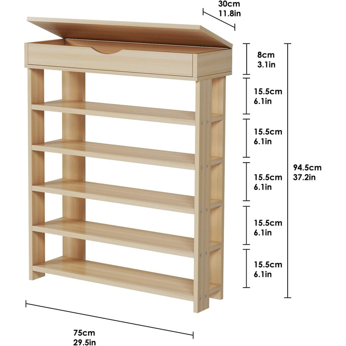 5-Tier Shoe Rack Shoe Cabinet Wood, 75 x 30 x 94.5 cm Shoe Storage Shoe Stand for Living Room, Entrance Hall, Hallway, (White Maple)