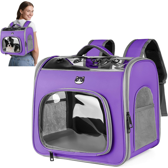 Рюкзак для котів та собак великих порід від ALLSOPETS, дихаючий, з фронтальною відкриваемою конструкцією та страхувальним ремінцем, ідеальний для подорожей, прогулянок та хайкінгу (Квітково-рожевий, Лавандовий)