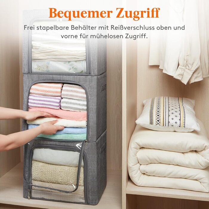 Коробки для зберігання одягу Lifewit 40L, 3 шт., сірий, з кришкою, металевий каркас, з ручками та вікном