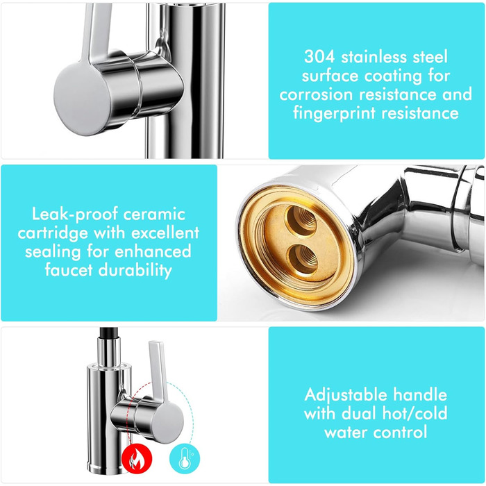 Чорний кухонний змішувач з гнучким виливом, 360° поворот, однорідний, з економічним аератором, нержавіюча сталь