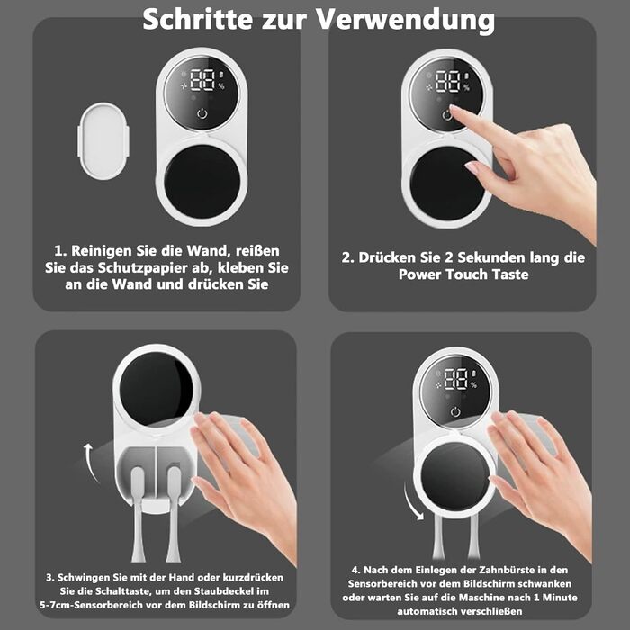 Justup Toothbrush Holder, Toothbrush Sanitizer for Cleaning and Air Drying, LED Smart Screen, Rechargeable Wall Mount for Bathroom, Wall-Mounted Toothbrush Holder for Family Use (White)