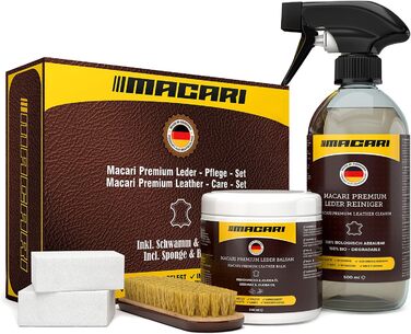 Macari Leather Care 500ml Balsam + 500ml Cleaner + 2 Sponges + Leather Brush Premium Leather Leather Cleaner Set Beeswax for Leather Couch, Car, Furniture, Jacket, Clothing, Sofa, Handbag, Shoes, Saddle Leather Fat