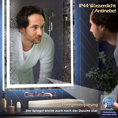 Дзеркало для ванної кімнати LED з підсвічуванням, туалетне дзеркало настінне, 6500K, антитуманне, водонепроникне IP44, вертикальне/горизонтальне (70 x 50 см)