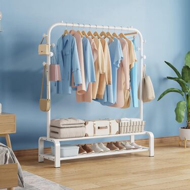 Clothes Rack, Coat Rack Stable Clothes Rod with 6 Hooks and 2 Shoe Shelf Storage Shelf, Bedroom Clothes Rack Freestanding Clothes Rail, (White)