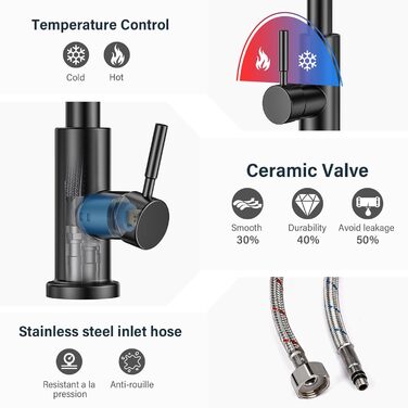 Чорний кухонний змішувач з висувною лійкою, 360° поворот, нержавіюча сталь, гаряча/холодна вода, G3/8'', 2 режими струменя