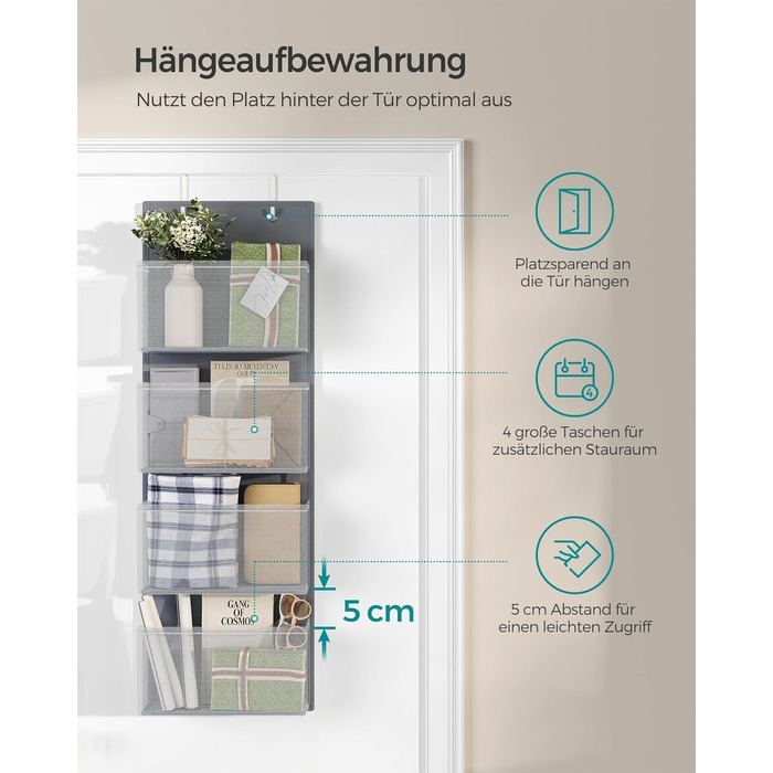 Органайзер для шафи SONGMICS з 4 кишенями, навісна полиця, органайзер для гардеробу, навісне зберігання, органайзер для дверей, спальня, вітальня, 2 x 33,5 x 00 см, RDH04G (2, сірий шифер)