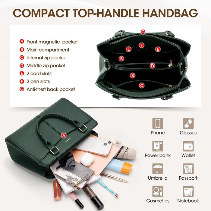 Сумка жіноча RAINSMORE середнього розміру з екошкіри, зелена: сумка-тоут, сумка на плече, ручна сумка