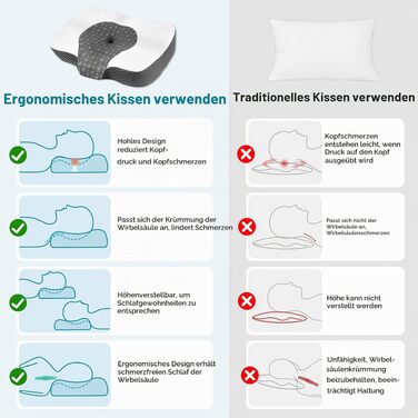 Ергономічна подушка з ефектом пам'яті Elviros для шиї та плечей, ортопедична підтримка для сну на боці, сіра, 53.5 x 37.5 x 11.5/14 см