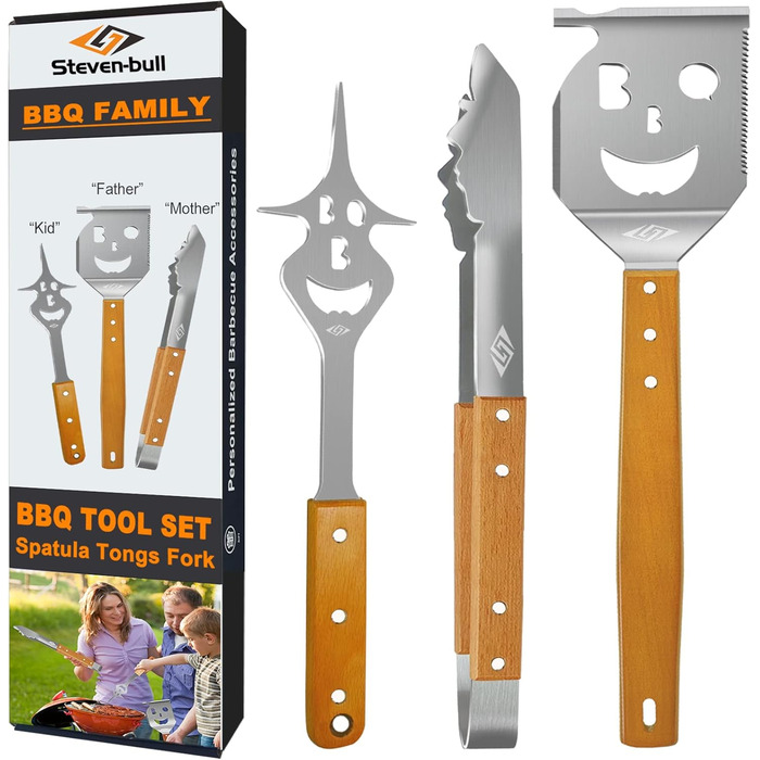 STEVEN-BULL Grill Utensil Set 3-Piece. Extra Long Grilling Tools, Stainless Steel Wood Handle, Grilling Accessories with Grill Tongs, Grill Spatula, Meat Fork. Extra-Long Wooden Handles and Hanging Holes.