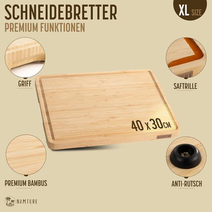 Обробна дошка Stirnholz з бамбуку, XL (45x30 см) – преміум якість, з жолобком для соку, антиковзні ніжки, в подарунковій коробці