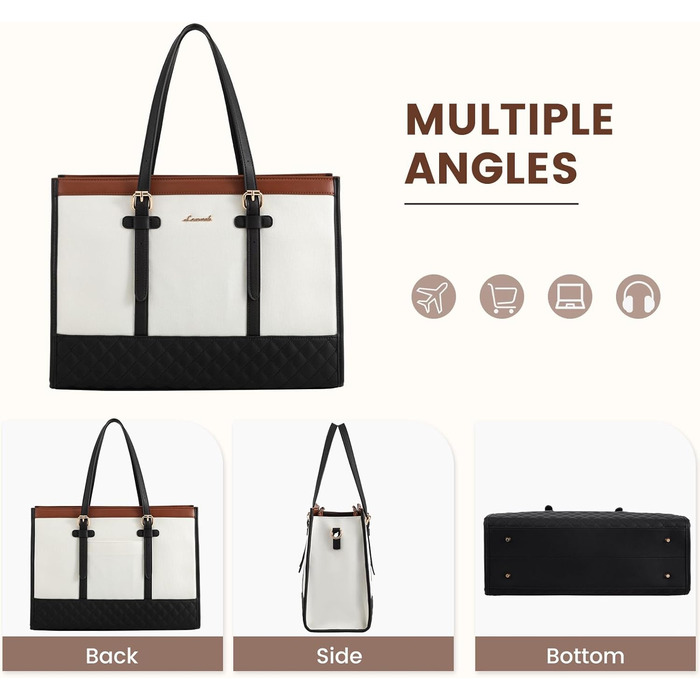 Сумка для ноутбука LOVEVOOK жіноча, сумка-шопер для роботи, університету, офісу 15.6 дюймів, коричнево-чорно-біла