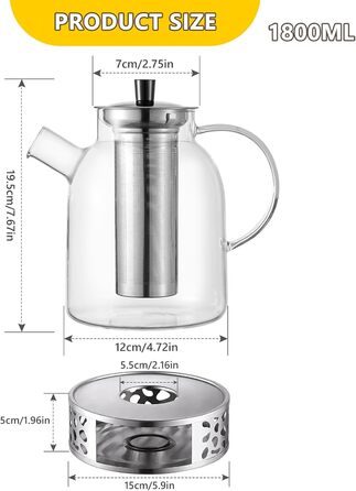 Скляна чайниця 1,8L з ситечком та підставкою – Borosilikatglas, для листового чаю та пакетиків, миється в посудомийній машині