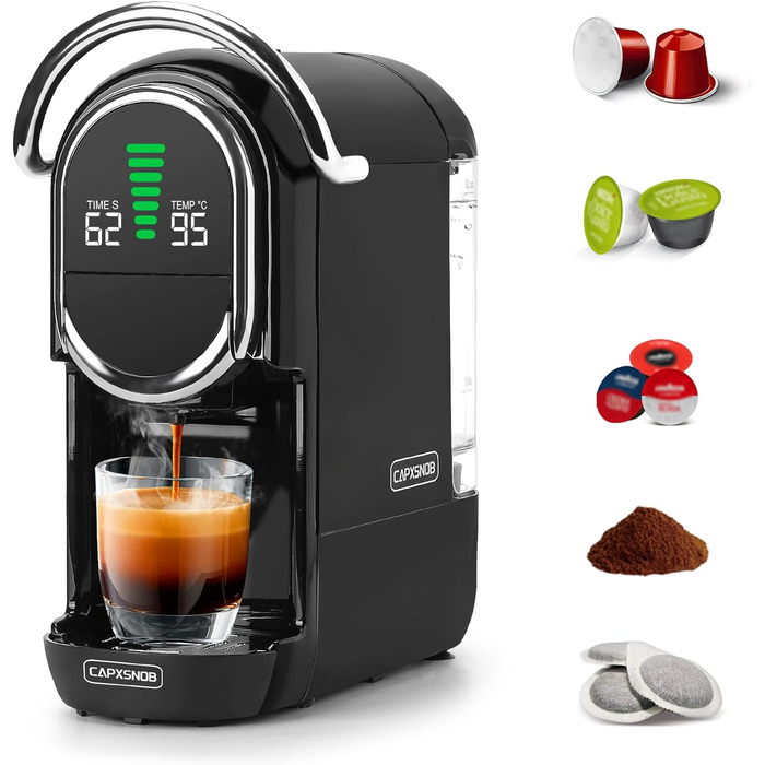 Кавомашина Magician1 Mini Kapselmaschine 5в1 для капсул Nespresso, Dolce Gusto, Lavazza A Modo Mio, ESE 44 та кавової гущі | 20 бар, 1450 Вт, LED-дисплей, 7 рівнів води | Для дому та офісу (Чорний)