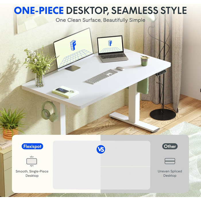 Регульований за висотою стіл FLEXISPOT 160x80 см з гачками та інтегрованою стільницею 25 мм, ергономічний стіл з LED-дисплеєм висоти та функцією пам'яті (Білий, Білий)