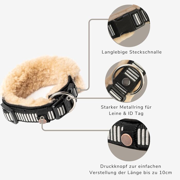 Інноваційний нашийник для собак Chris з ланолінової вовни, зменшує випадіння шерсті, з підкладкою, світловідбиваючий, регульований, для собак малого, середнього та великого розміру. Розміри: M (35-45 см), L (45-55 см), XL (55-65 см). Колір: кремовий