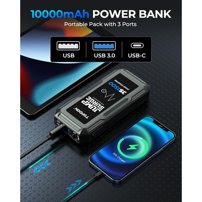 TOPDON JS3000 Powerbank для запуску двигуна: автостартер, бустер для акумулятора до 9л бензину та 7л дизеля, 24000mAh (1500A), LED, EVA-сумка