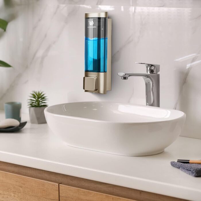 Дозатор для мила настінний без свердління REAQUE, 200 мл, для душу, шампуню, дезінфікуючого засобу, мила, золотий