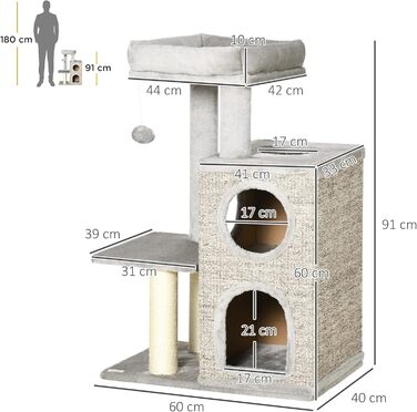 Дім-кігтеточка PawHut для котів, 230-250 см, з гамаком, регульована висота, захист від перекидання, плюш, сірий+кремовий