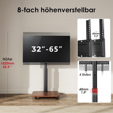 AOKCOS Rolling TV Stand with Wood Shelf - Adjustable Height & Swivel - VESA 400x400 - Holds 32-65 Inch TVs up to 40kg
