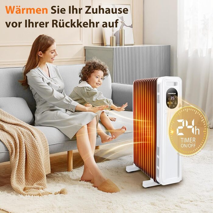 Електричний масляний радіатор Aigostar Cozy 2300W з пультом керування, 11 ребер, термостат, 3 режими, таймер 24г, LED-дисплей, захист від перекидання та перегріву