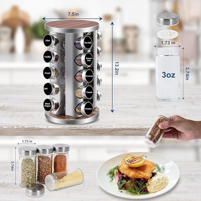 Spice Rack with 20 Spice Jars, 360° Rotatable, Stainless Steel Spice Carousel (430) with Sieve Lids, Standing Spice Rack - Includes Labels, Pen & Funnel - Wood-Look, Food-Safe, Dustproof