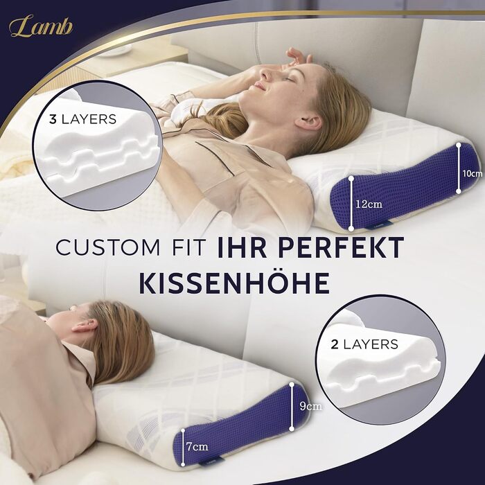 Ергономічна подушка для шиї та голови LAMB з ефектом пам'яті (Memory Foam), регульована висота, для сну на боці, з мийним чохлом, 60x36x12/10 см, синя