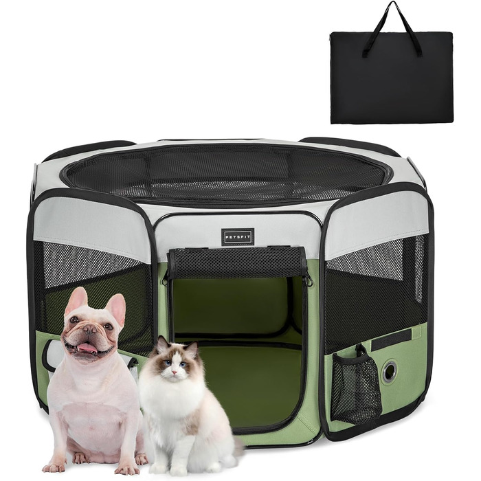 PETSFIT Розкладний вольєр для цуценят та дрібних тварин, вольєр для собак та котів, сірий/зелений, 75x68x42 см