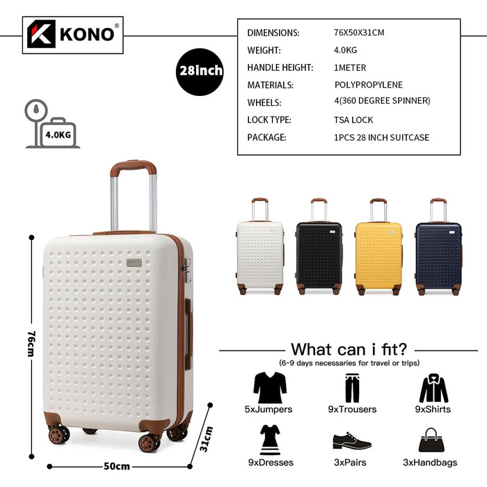 Чемодан-тележка KONO з жорсткою оболонкою, 76 см, 100 л, білий