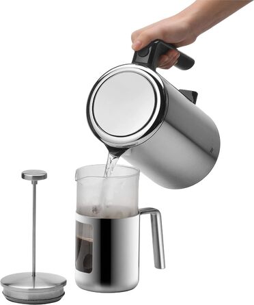 WMF Kult Coffee Press 1l, French Press, Coffee Maker for 6 Cups, Glass, Brushed Cromargan Stainless Steel, Dishwasher Safe