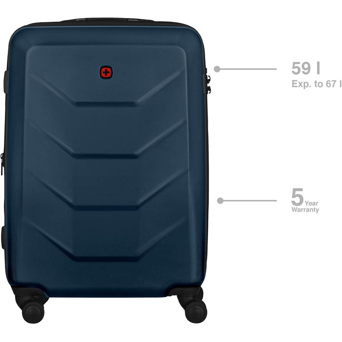 WENGER Pryo Hard Shell Suitcase with 4 Wheels, Trolley, Medium Size, 59 (67) L, Security Lock, for Men, Travel Vacation, 612537 (Blue, M)