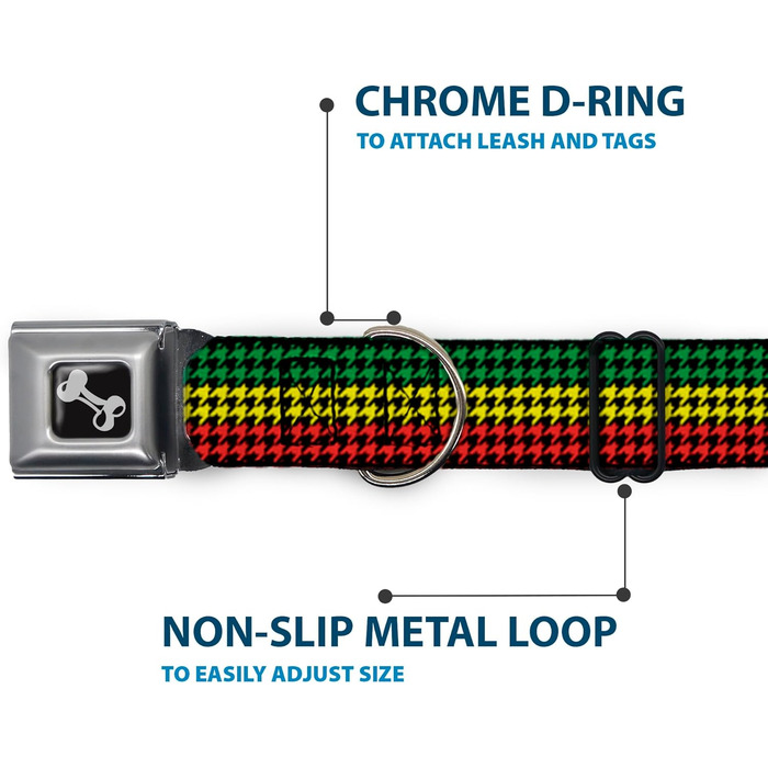 Нашийник для собак Buckle-Down Seatbelt Buckle - Houndstooth Black/Rasta, 1' шириною, розмір L (15-26 дюймів)