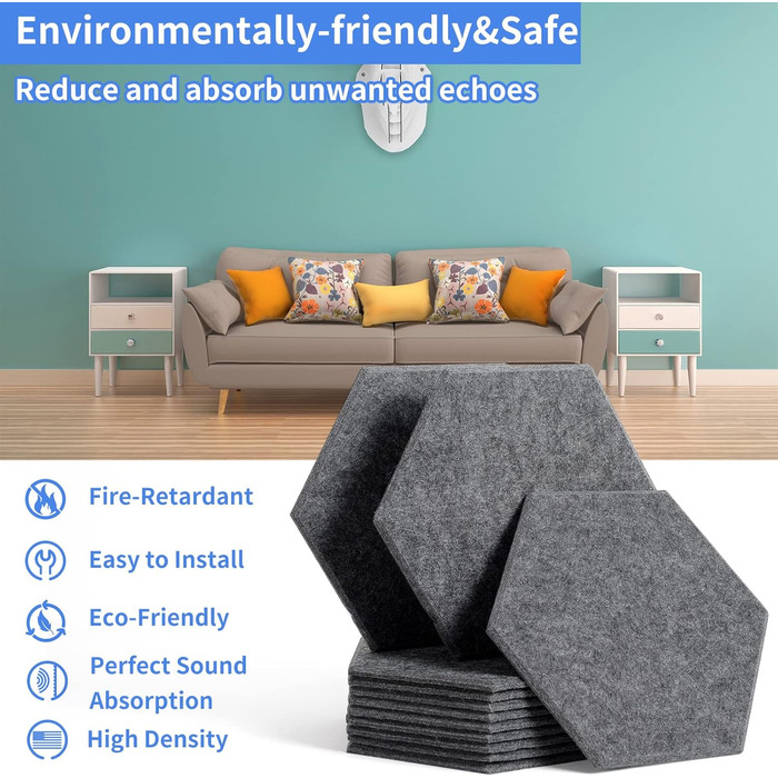 Акустичні гексагональні панелі Rdutuok для звукоізоляції, 12 шт, 30x26x1 см, шумопоглинаючі стінові панелі для студії, офісу та декору (темно-сірі)